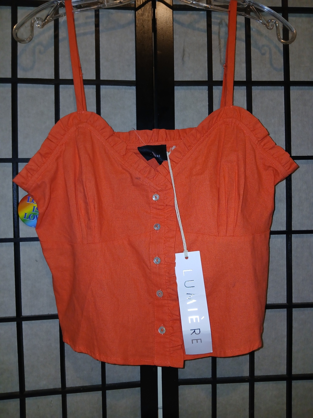Lumiere Orange Button-Front Crop Top with Spaghetti Straps